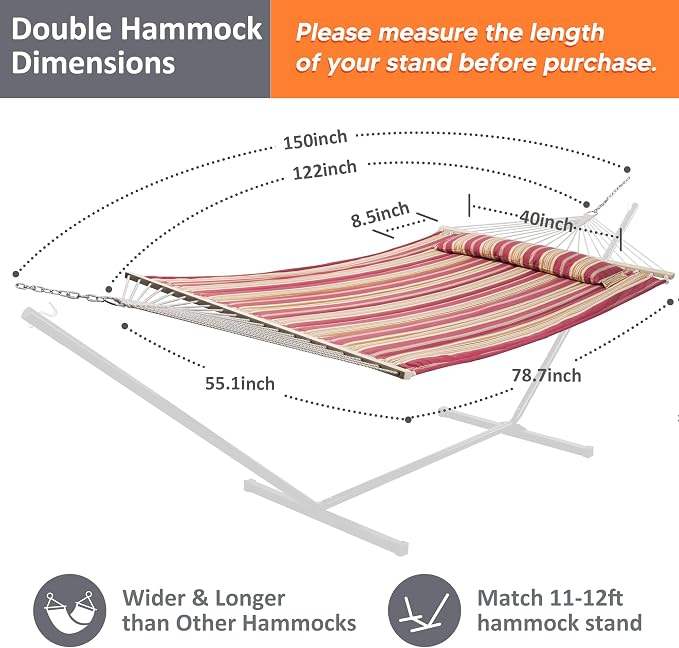 SUNCREAT Double Hammock Quilted Fabric Swing with Spreader Bar, Detachable Pillow, 55” x79” Large Hammock, Red Stripes - Image 4