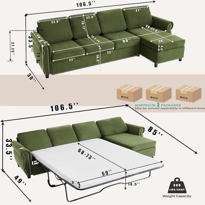ERYE L-Shaped Reversible Sectional Sofa with Pull Out Queen Memory Mattress Sleeper Bed, 2-in-1 L-Shaped Corner Sectional Couches W/Wireless Charging, Storage Chaise Lounge