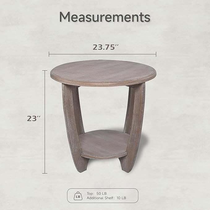 COZAYH Set of 2 Rustic Farmhouse End Tables with Storage Shelf, French Country Modern Round Accent Side Table for Small Spaces, Vintage Grey Finish