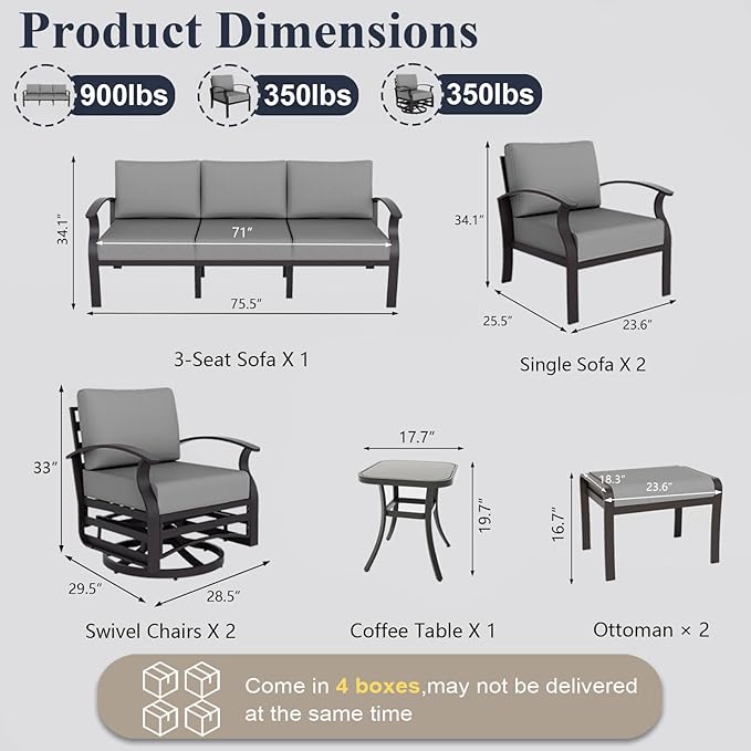 ALAULM Aluminum Patio Furniture Set with 2 Swivel Chairs 9-seat Metal Outdoor Furniture Patio Sectional Sofas Patio Conversation Set w/2 Ottomans for Patio, Backyard, Poolside-Grey