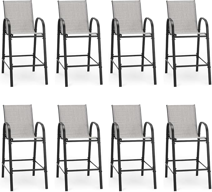 HOMREST Outdoor Bar Height Stools Set of 8,High Back Patio Chairs with Armrests,Textilene Chairs with Breathable Fabric & Metal Frame for All Weather,Light Grey by HOMREST
