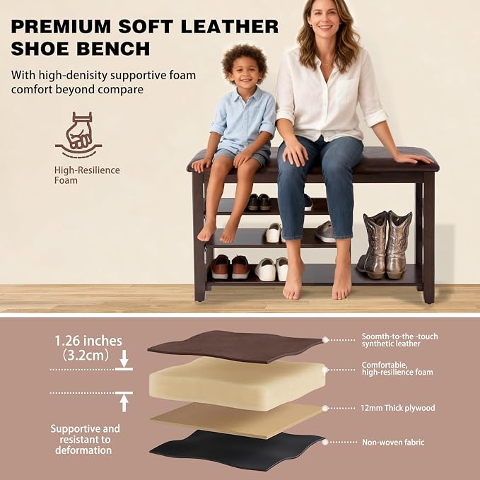 PY HOME & SPORTS Shoe Rack for Entryway 31.5": 3-Tier Shoe Storage Bench,Adjustable/Removable Shelves, Rubberwood Shoe Benches for Hallway, Porch, Bathroom, Brown - Image 5