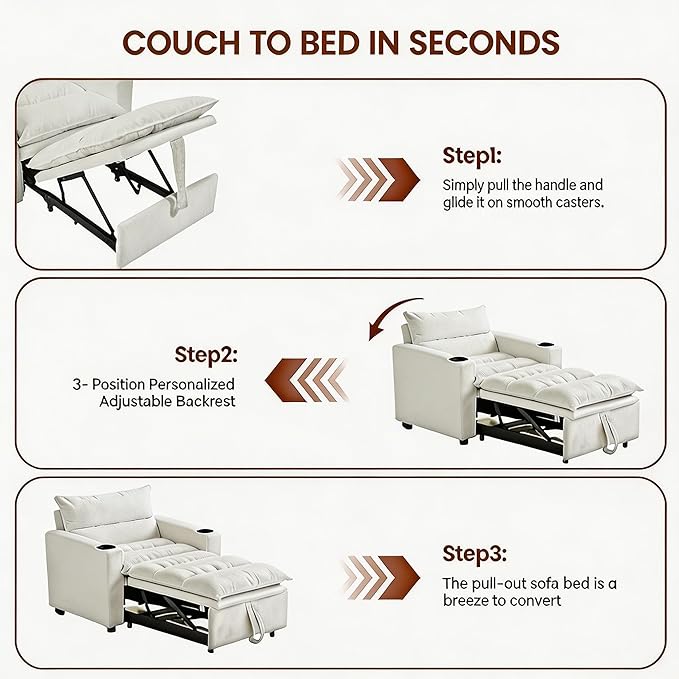Casaphoria Convertible Sleeper Chair 66.54" Futon Sofa Bed Single Sleeper Sofa Small Couch Bed with Adjustable Backrest for College Dorm Bedroom Studio Apartment