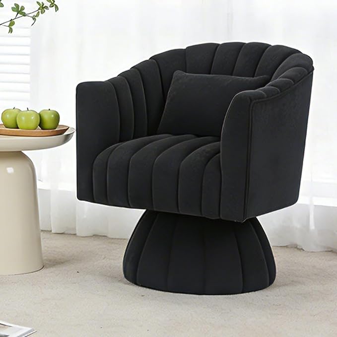 ClinQ Swivel Barrel Chair with Pillow, 360° Cloud Velvet Round Swivel Accent Chair, Upholstered Cuddle Reading Lounge Chair for the Living Room, Bedroom, and Office, Black-Vertical Stripes