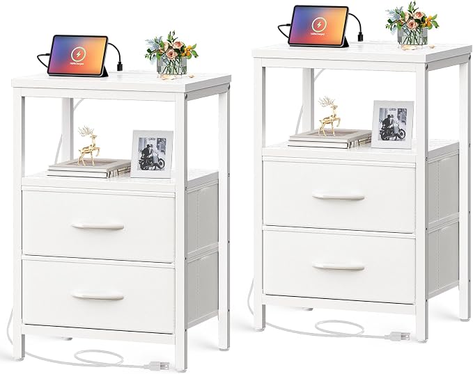 Huuger Nightstands Set of 2, End Tables with Charging Station, Side Tables with Fabric Drawers, Bedside Tables with USB Ports and Outlets, Night Stands, PU Leather, White by Huuger