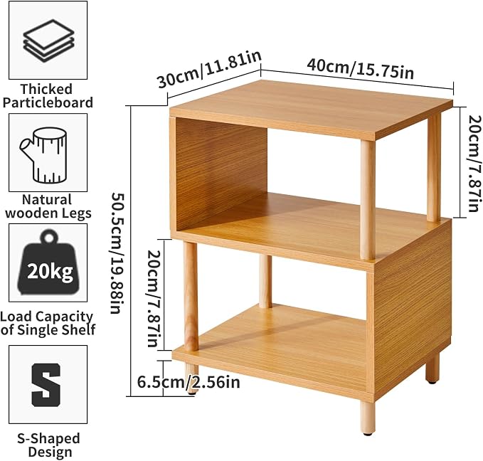 Aibiju Wooden Night Stand with Open Shelf, Nightstand with Solid Wood Legs, S-Shaped Bed Side Table 3 Tier, End Table Natural Wood YD-TM152N - Image 3