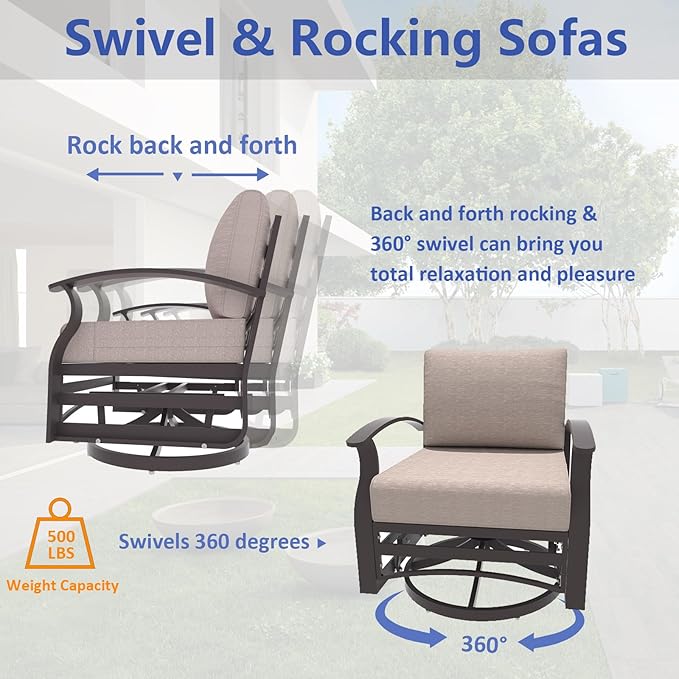 ALAULM Aluminum Patio Furniture Set with Propane Fire Pit Table Metal Outdoor Furniture w/Fire Pit Patio Conversation Sets w/5.1" Cushions and 7 Seats for Patio,Backyard,Poolside-Khaki