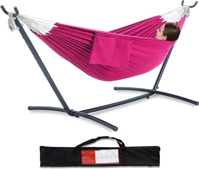 PNAEUT Double Hammocks with Stand for Outside, Portable Space Saving Heavy-Duty Steel Stand for Indoor Outdoor Patio with Carrying Bag, 450 lbs Capacity (Rose Pink) by PNAEUT