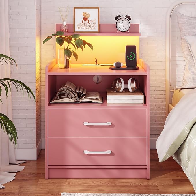 LED Nightstand with Charging Station, Night Stand with 2 Drawers and Open Storage, Bedside Table with LED Lights, Modern End Table with USB Ports Outlets, Pink by Diliplain