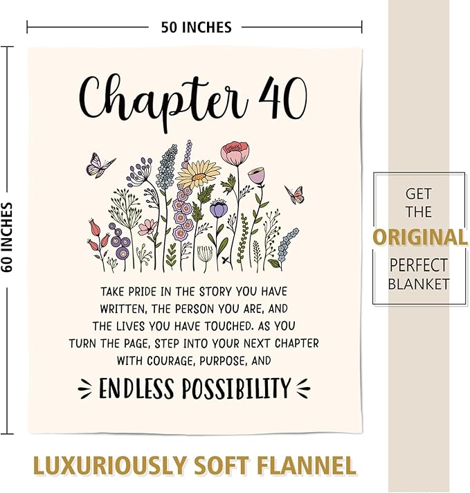 Afterprints 40th Birthday Gifts Women, Chapter 40 Blanket Gift for Her, 40 Year Old Birthday Gifts for Women, Friend, Sister, Mom, 1986 Bday Gift, Turning 40 Throw Blankets 50'' x 60''