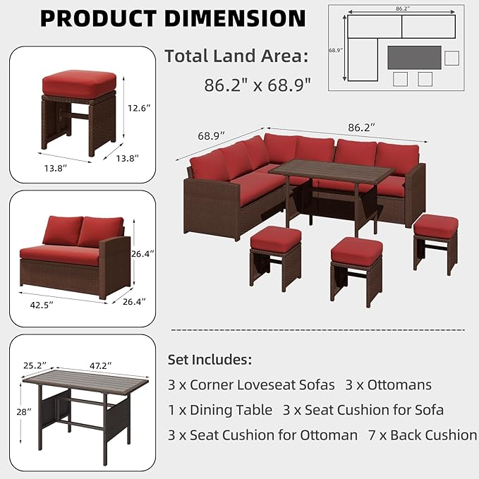 AECOJOY Outdoor Patio Furniture Set, 7 Pieces Clearance Sectional Rattan Dining Table&Chairs, All Weather Wicker Conversation Sofa Couch with Ottoman, Wine Red Cushions&Brown Rattan