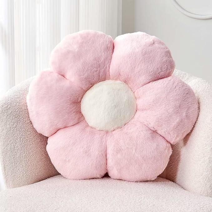 Kcvvcr Pink Flower Pillow, Cute Decorative Flower Shaped Throw Pillow with Faux Rabbit Fur, 14.9" Soft Flower Plush Throw Pillow Floor Pillows Room D??cor for Bedroom Living Room