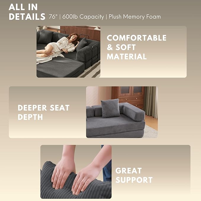 4-in-1 Folding Convertible Sofa Bed, 77" Floor Couch with Pillow - Corduroy Fabric & High-Density Sponge & Fixed-Shape Frame, Modular Sofa for Living Room/Lounge/Studio, Dark Grey