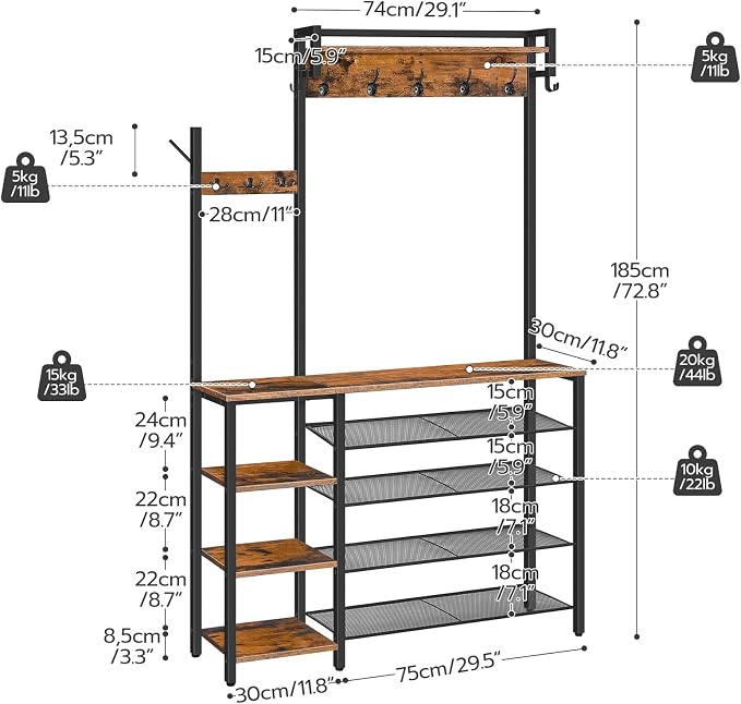 HOOBRO Hall Tree with Bench, Entryway Bench with Coat Rack, Shoe and Coat Rack for Entryway, Coat Rack with Shoe Storage and Reversible Storage Shelves, Rustic Brown BF105MT01 - Image 6