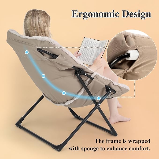 Comfy Saucer Chair for Adults, Soft Faux Fur Bedroom Chair with Ottoman, Accent Dorm Chairs, Living Room Reading Chairs and Footstool, Folding Seat for Teens, X-Large, Light Khaki
