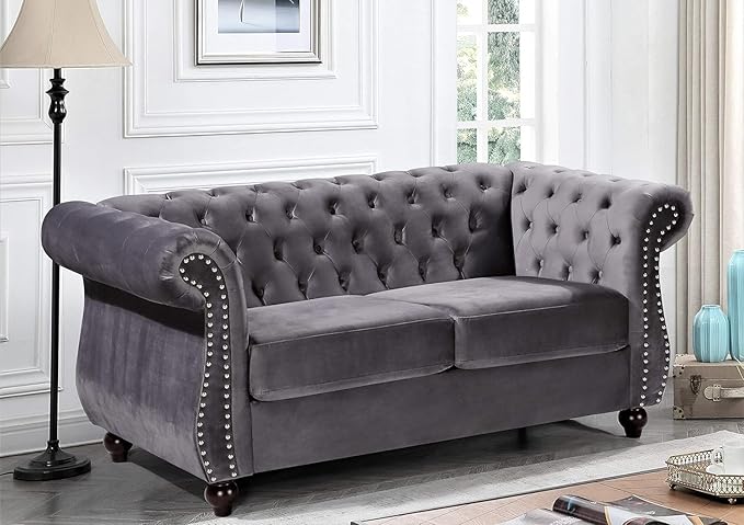 Feinstein Modern Velvet Chesterfield Couches for Living Room with Nailheads, Diamond Tufting & Durable Metal Frame, Loveseat, Gray