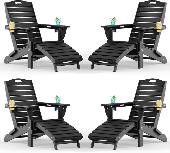 Adjustable Adirondack Chairs Set of 4 with Retractable Ottoman, HDPE Folding Adirondack Chair with Cup Holders, Weather Resistant for Backyard, Poolside & Fire Pit (Black) by Suunyn