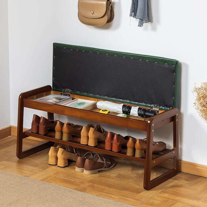 latifolia Solid Wood Bench, Entryway Shoe Bench with Cushion, Flip-Open Storage Compartment, 2-Tier Shoe Organizer(Green,39.70''L) - Image 2