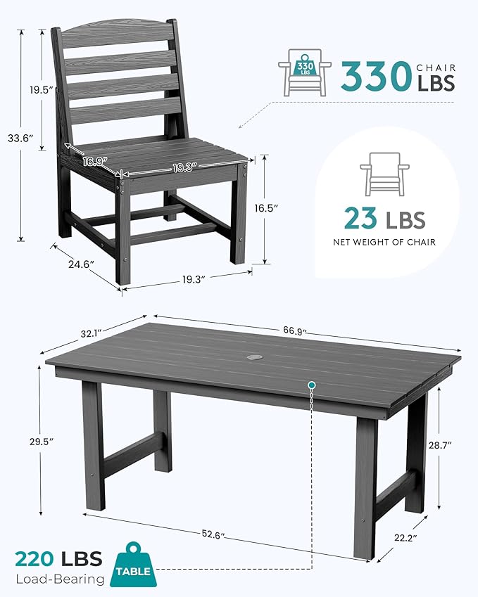 SERWALL Patio Dining Sets for 6 Person, HDPE Dining Set with 6 Armless Chairs, Gray - Image 2
