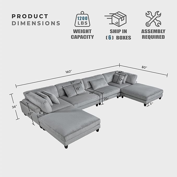 Lexicon 160 Inch Modular Sectional Sofa - Oversized 6 Seater Corduroy U Shaped Sectional Couch, 6 Accent Pillows, and Flexible Arrangement for Modern Living Rooms, Gray
