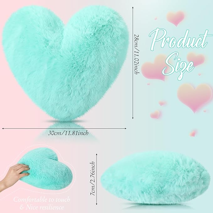 Marsui 2 Pcs Heart Throw Pillows, Soft Fluffy Faux Fur Decorative Hearts Shaped Pillows for Living Room Sofa Bed, Cute Heart Themed Gift for Women(Mint,11.81 x 11.02 Inch)
