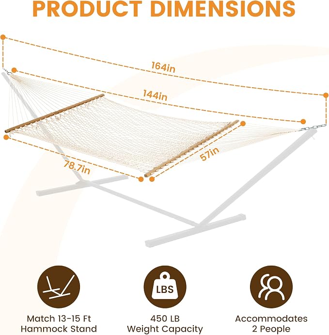 Lazy Daze Hammocks 12FT Double Rope Hammocks, 2 Person Hand Woven Cotton Hammock with Spreader Bar for Outside, Patio, Poolside, FIT 13-15 FT Stand, Max 450 Lbs, Natural, 141 x 57 inches - Image 8