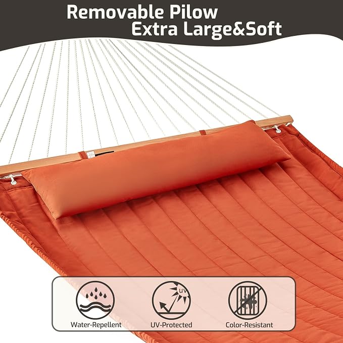 CHULIM Double Quilted Fabric Hammock with Hardwood Spreader Bars and Pillow 450 LBS Capacity 2 Person Large Hammock for Outdoor Patio Backyard Poolside - Terracotta - Image 4