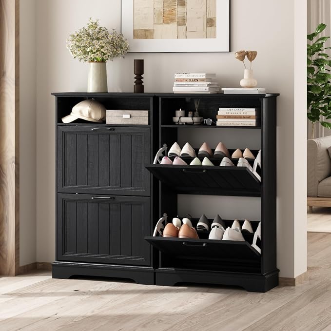 Shoe Storage Cabinet with 2 Flip Drawers, 24" W Farmhouse Modern Hidden Shoes Rack Cabinet with Adjustable Shelves & Open Storage, Narrow Slim Shoe Organizer for Front Door Entrance, Entryway, Black - Image 6