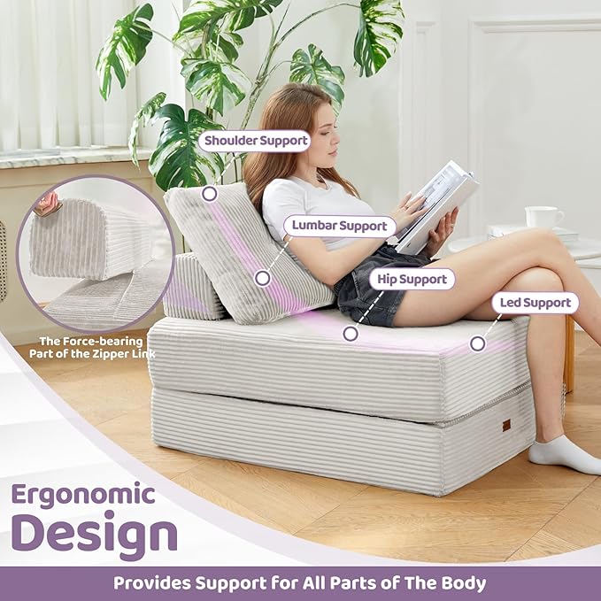 Folding Chair,Sleep Chair with High-Density Support Foam,Portable 3 in 1 Fold Out Chair with Back Support and Pillow for Bedroom、Balcony、Hotel、Apartment,Single,Silver Gray
