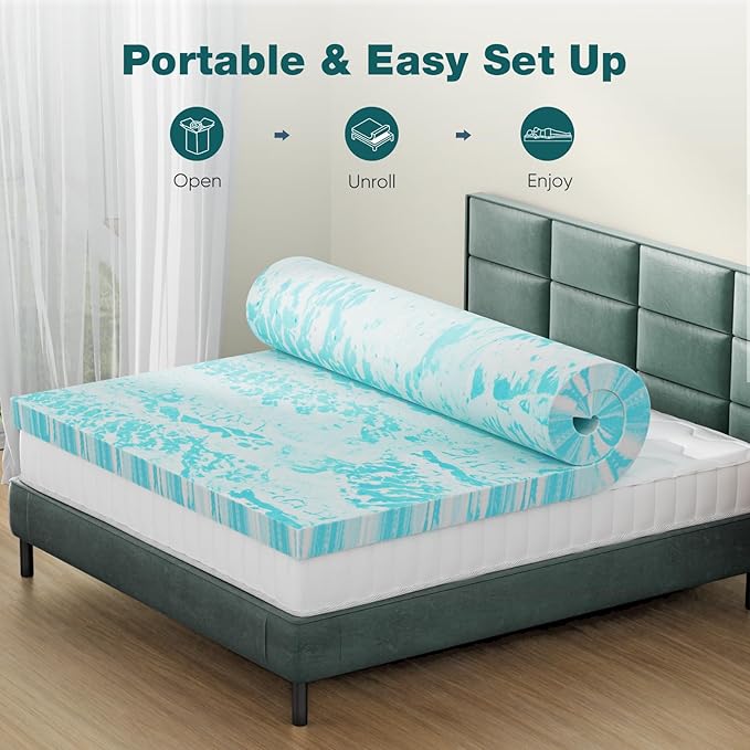 Sweetcrispy Mattress Topper Queen, Memory Foam 2 Inch Thick Gel Infused Cooling Toppers Pad for Queen Size Bed, Sleeper Sofa, RV, Camper, CertiPUR US, Breathable