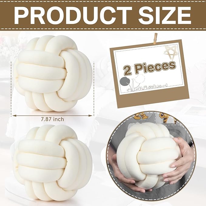 Namalu 2 Pcs Soft Knot Pillow Ball, Decorative Round Throw, Soft Knotted Plush Pillows, Handmade Stuffed Ball Pillows Cushion for Bedroom Sofa Couch Home Decor(10.6 Inches,Cream White)