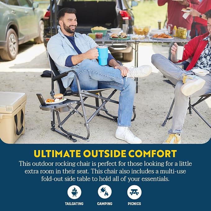 GCI Outdoor Freestyle Rocker XL with Side Table Camping Chair | Portable Folding Rocking Chair with Solid, Durable Armrests, Drink Holder & Comfortable Backrest — Black - Image 4