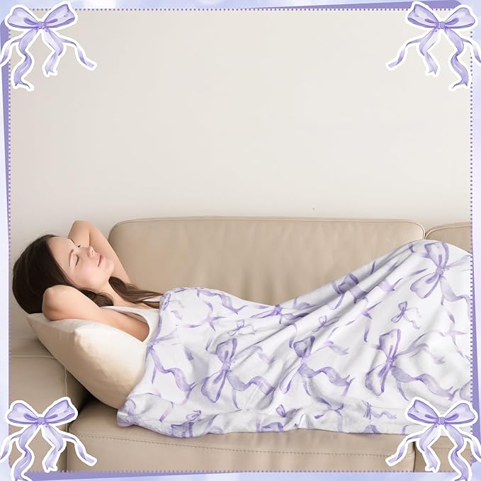 Buryeah Purple Bow Throw Blanket Valentine's Day Galentines Day Gifts Preppy Blanket Coquette 50 X60 Flannel Soft Cute Bow Lightweight Aesthetic Room Decor for Women Friends for Sofa Couch Travel Bed