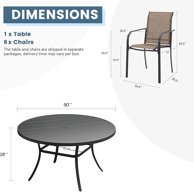 DIFY Patio Dining Set for 6, 7 Piece Outdoor Table and Chairs Set, 50" Black Round Metal Patio Dining Table and 6 Brown Textilene Stackable Patio Chairs, for Backyard Garden Poolside - Image 8