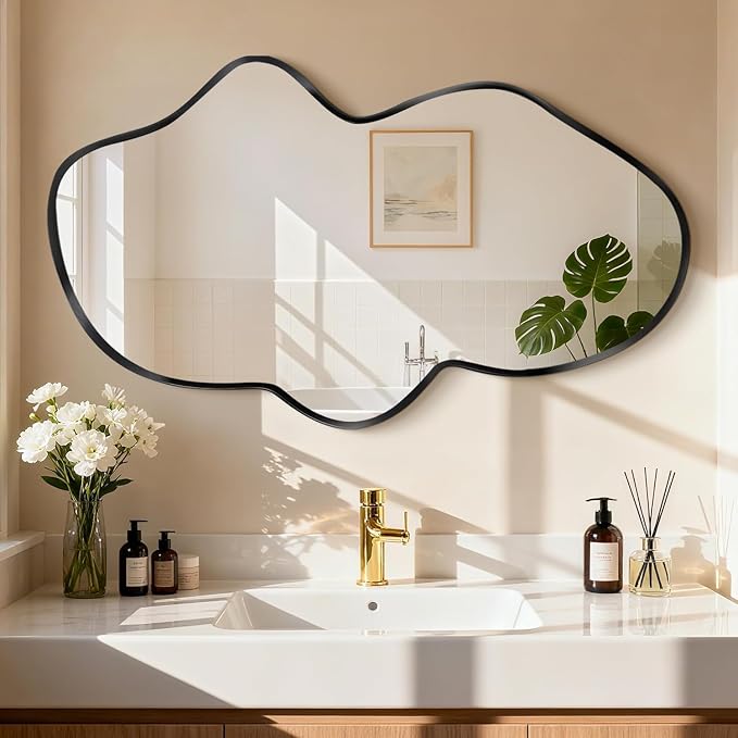 Irregular Wall Mirror, Black Bathroom Wavy Abstract Mirror for Over Sink, Decorative Cloud-Shaped Wall Mirror, Stylish Shatter-Proof HD Mirror for Bedroom, Entryway (24"x39", M, 1 Pack) by Fahomissenjoylifeincomfort