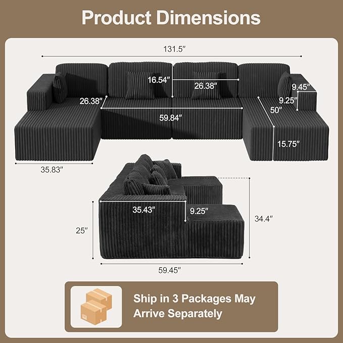 132" U Shaped Couch, Oversized Modular Sectional Sofa with Chaise, Corduroy U Shaped Couch with Deep Seat, Boneless Couches for Living Room, No Assembly Required, Gray