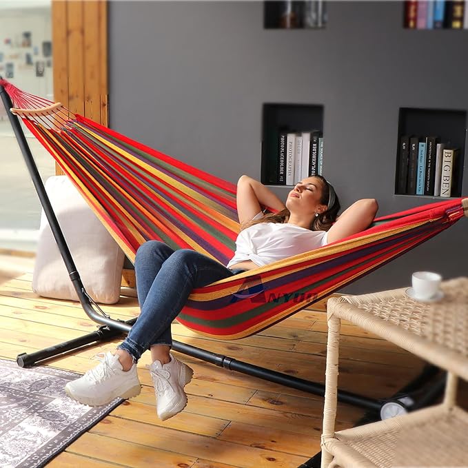 Anyoo Garden Cotton Hammock Comfortable Fabric Hammock with Spreader Bar Sturdy Hammocks Up to 450lbs Portable Lightweight Hammocks with Travel Bag for Camping Outdoor/Indoor Patio Backyard - Image 7