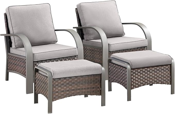 HUMMUH Outdoor Wicker Chairs Set of 2-All Weather Rattan Wicker Patio Chairs with Ottoman Small Outdoor Furniture Set for Deck Porch Garden Poolside Backyard-Brown/Grey