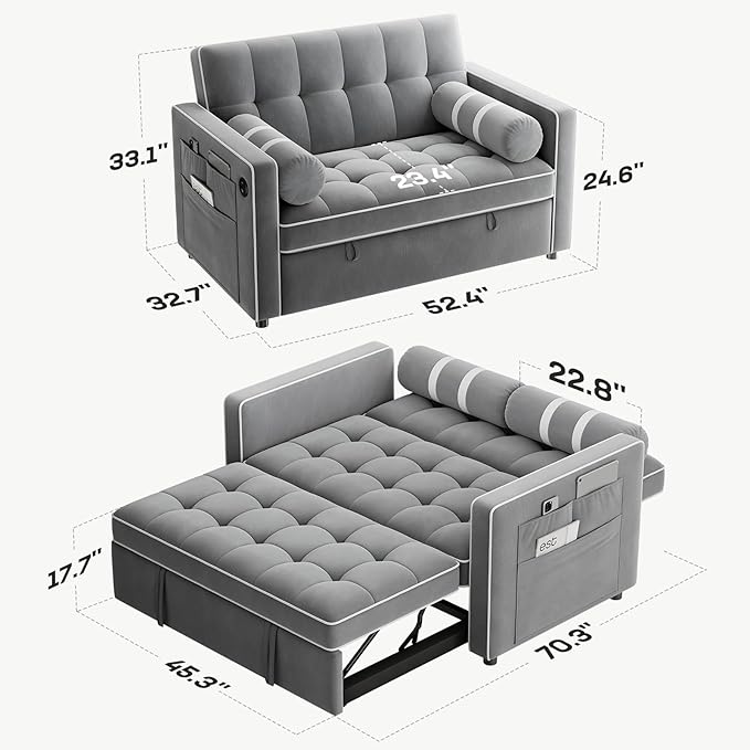 Marsail 3-in-1 Convertible Futon Sleeper Sofa Bed, Pull Out Couch with Adjustable Backrest, USB Charging & Side Pockets, Velvet Fabric Sofa for Living Room, Apartment, Loveseat, Grey