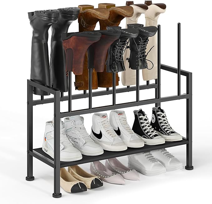 DIMJ Free Standing Shoe Racks - 3-Tier Boot Rack, Black Metal Storage Organizer for Tall Boots, Sneakers, Closet Organizer, Multiuse Shoe Rack, Fits 6 Pairs by DiMJ