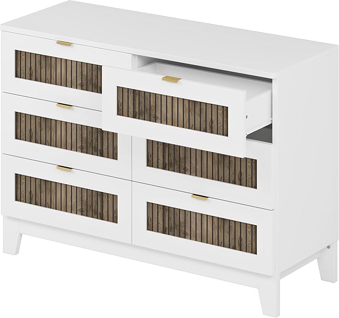 Farmhouse 4-Pieces Bedroom Sets,Queen Size Platform Bed with 2 Storage Nightst and 6-Drawer Dresser with Metal Handle,4 Piece Bedroom Furniture Set with Wooden Strip Stickers Decoration,White