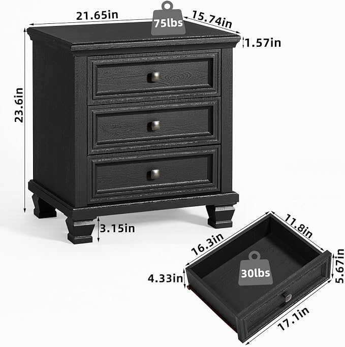 SAVOR LIFE Farmhouse Nightstand with 3 Drawers, Rustic Couch End Table with 4 Square Solid Wood Legs, Mid-Century Modern Bed Side Table with Storage, Small Dresser for Bedroom, Living Room, Black - Image 2