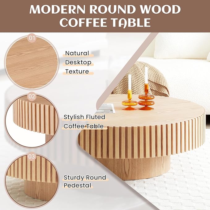 39.37" Round Coffee Table Wood, Modern Unique Oak Circle Coffee Table, Contemporary Drum Wooden Fluted Coffee Table Side Center Table for Living Room,Apartment,Office, Natural Ash