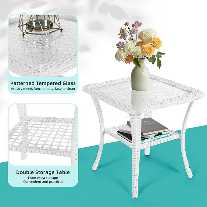 MEETWARM 3-Piece Outdoor Wicker Swivel Rocker Patio Set, Rocking Chairs Rattan Patio Furniture with Thickened Cushion and Glass-Top Coffee Table, Conversation Bistro Set, White Wicker/Red