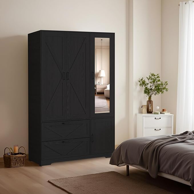 Armoire Wardrobe Closet, 72'' Wardrobe Cabinet with 2 Drawers & Mirror, 3 Doors Bedroom Clothes Closet with Hanging Rod & Built-in Light, Wooden Wardrobe Cabinet with Adjustable Shelf for Bedroom