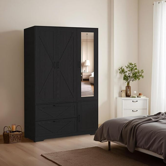Armoire Wardrobe Closet, 72'' Wardrobe Cabinet with 2 Drawers & Mirror, 3 Doors Bedroom Clothes Closet with Hanging Rod & Built-in Light, Wooden Wardrobe Cabinet with Adjustable Shelf for Bedroom