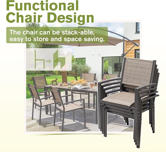 Homall Patio Dining Set 7 Pieces Outdoor Furniture with Large Table and 6 Textilene Chairs for Porch, Poolside, Yard and Garden, Brown - Image 6