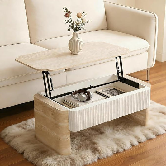 39" Lift Top Coffee Table with Hidden Storage, Faux Marble Lift Pull Up Tabletop for Living Room, Modern Wooden Rectangular Coffee Table, Beige Mars Pattern