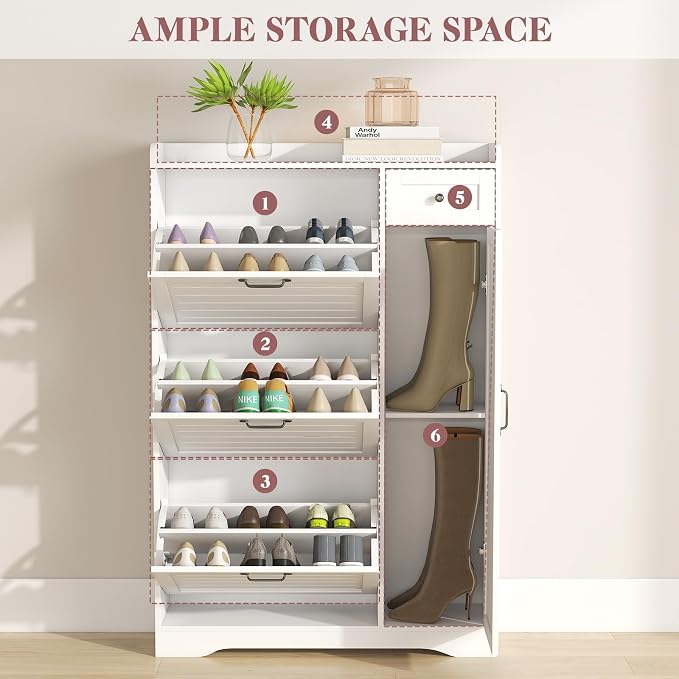 Narrow Shoe Storage Cabinet with 3 Flip Drawers, Doors & Adjustable Shelves, Slim Shoe Rack Cabinet for Entryway Closet, Deodorizing Wooden Boot Storage Organizer Freestanding Hidden, White - Image 7