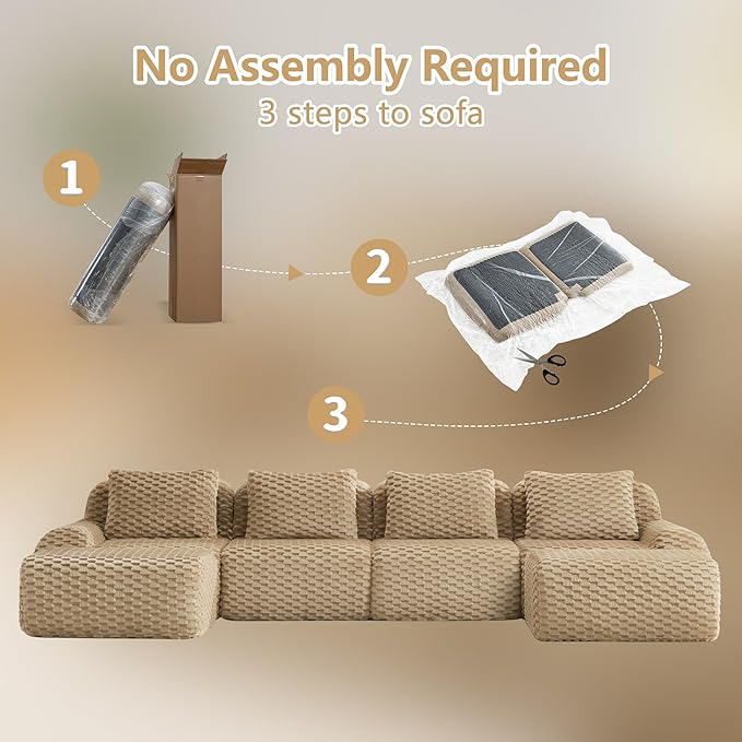 146" U-Shaped Compressed Sectional Cloud Sofa, Flannel Upholstered Modular Deep Seat Sofa with 6 Pieces, Symmetrical Boneless Foam Modular Cloud Couches for Living Room